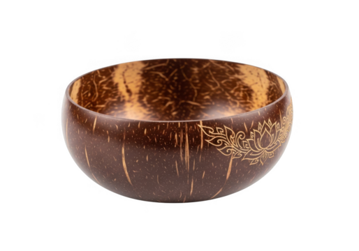 Handcrafted coconut bowl with lotus art isolated on transparent background