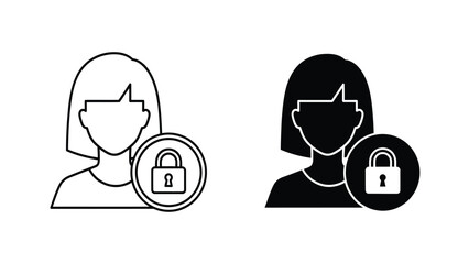 Secure Female User Profile Icon with Padlock - Privacy and Access Control Vector Illustration Set
