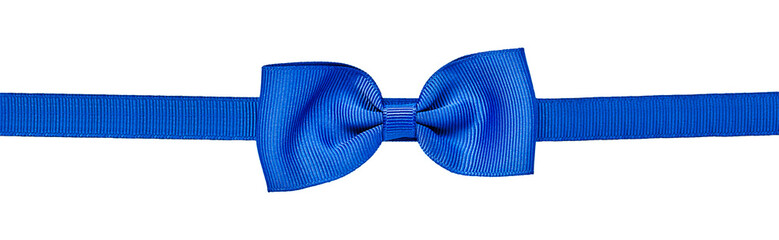 Vibrant royal blue fabric bow and horizontal ribbon isolated on white background, ideal as a gift wrap element, header, footer, or masculine tie accessory decoration