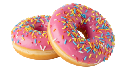 Two pink donuts with colorful sprinkles isolated PNG, sweet dessert for party and celebration on transparent background