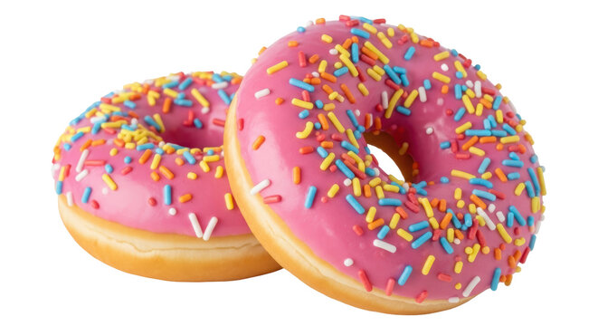 Two pink donuts with colorful sprinkles isolated PNG, sweet dessert for party and celebration on transparent background - Powered by Adobe