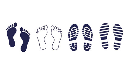 Human Footprints and Shoe Prints Vector Icon Set. Barefoot outlines, solid foot steps, and various boot sole impressions symbol collection.