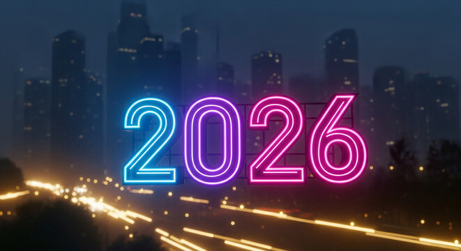 Neon number 2026 against blurry cityscape at dusk. The glowing numbers symbolize the upcoming year, future, and modern urban atmosphere