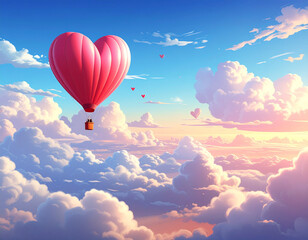 A heart-shaped balloon rises into the sky, carrying wishes and dreams of true love to the clouds.
