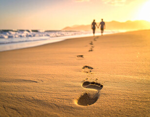 A pair of footprints in the sand walks side by side, leaving a trail of true love behind.