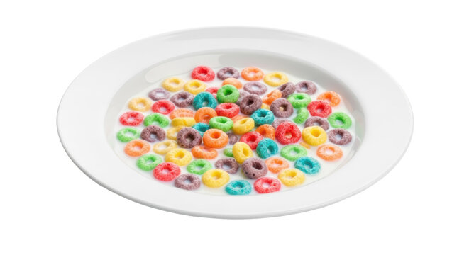 Colorful fruit cereal loops in milk isolated PNG, breakfast food for kids and healthy eating on transparent background