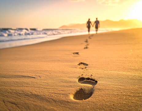 A pair of footprints in the sand walks side by side, leaving a trail of true love behind.