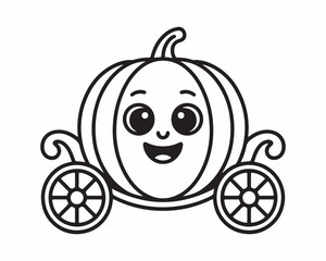 Cute cartoon pumpkin carriage, black and white line art, simple outline for kids' coloring book