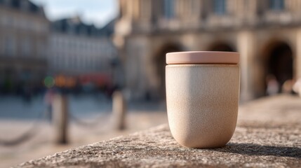Travel, Cup - Cozy Urban Travel Mug in Focus Against City Backdrop for Coffee Enthusiasts on the