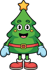 Happy cartoon Christmas tree character wearing red belt and shoes vector illustration mascot isolated on white background.