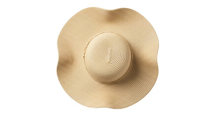 Elegant beige straw sun hat isolated PNG, summer fashion accessory for beach vacation and sun protection on transparent background