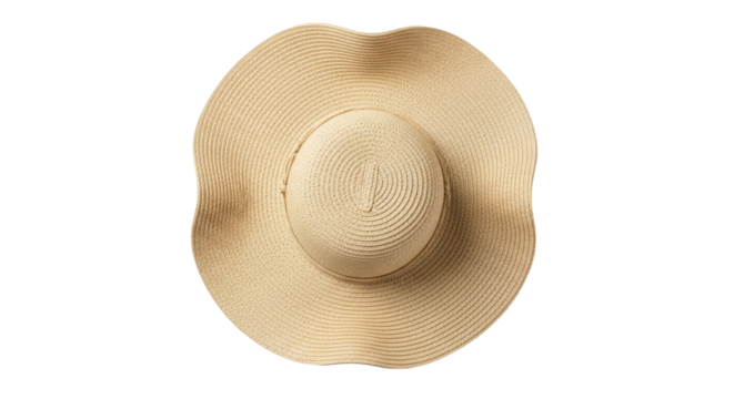 Elegant beige straw sun hat isolated PNG, summer fashion accessory for beach vacation and sun protection on transparent background