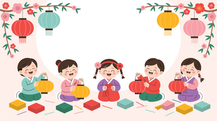 Korean New Year Seollal Illustration: Happy Children in Hanbok with Lanterns and Lucky Bags Celebrate Tradition and Culture