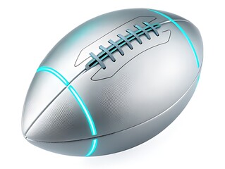 A futuristic silver american football with blue glowing lines on a white isolated background image