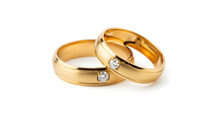 Elegant gold wedding rings with diamonds on white background