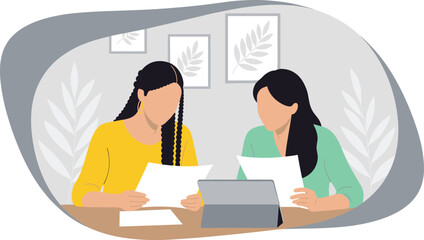 Collaborative review illustration, two individuals reading documents at table with tablet, calm planning scene, botanical background vector art