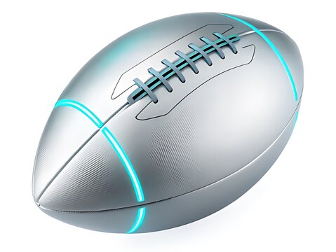 A futuristic silver american football with blue glowing lines on a white isolated background image