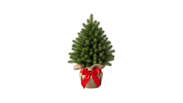 Small decorated christmas tree in a red pot isolated on transparent background