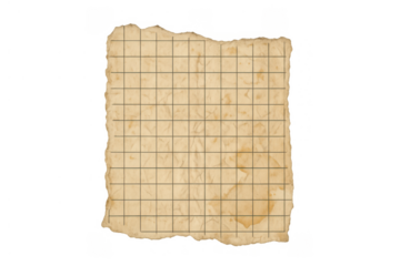 Old ripped grid paper texture with distressed vintage parchment sheet and transparent background