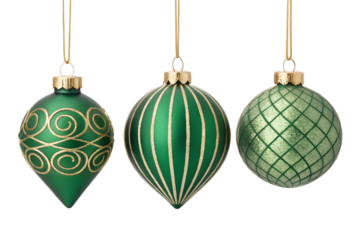 Three Green Glass Christmas Ornaments Hanging on String, Decorative Festive Holiday Tree Baubles, Detailed Traditional and Modern Xmas Decor, Emerald Green and Gold Patterned Globes