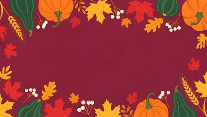 A celebratory Thanksgiving or autumn harvest border with colorful pumpkins, fall leaves, and wheat stalks on a rich background