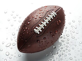 A close up of a brown football with white laces covered in water droplets on a white background