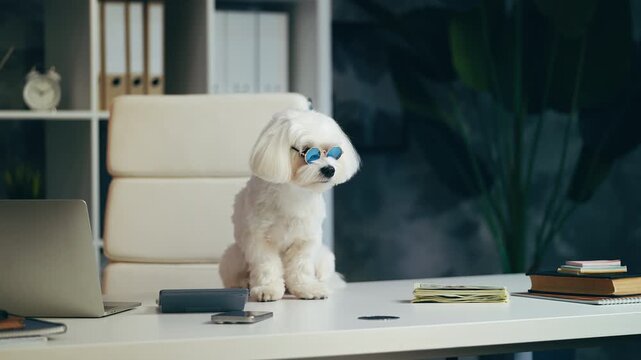 Fluffy Maltese dog in funny sunglasses sitting on desk in office, rich pet theme