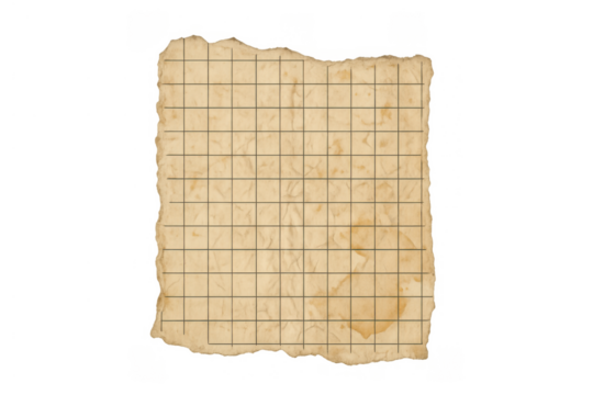 Old ripped grid paper texture with distressed vintage parchment sheet and transparent background