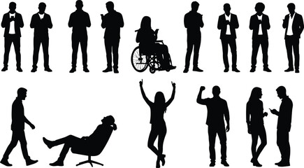Silhouette activity illustration, diverse human poses and gestures, wheelchair and walking figures, social interaction concept, vector drawing art