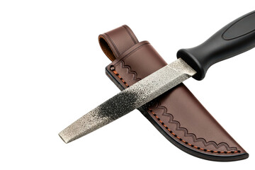 Diamond-coated flat knife sharpening file with brown leather sheath on isolated background