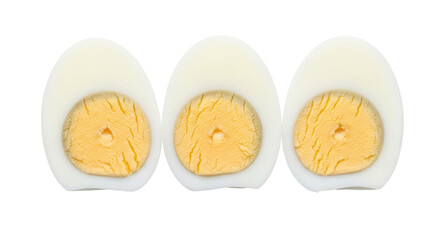Three hard boiled egg halves isolated PNG, healthy protein food ingredient on transparent background for cooking and nutrition concepts