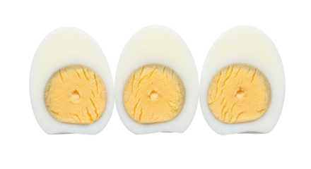 Three hard boiled egg halves isolated PNG, healthy protein food ingredient on transparent background for cooking and nutrition concepts