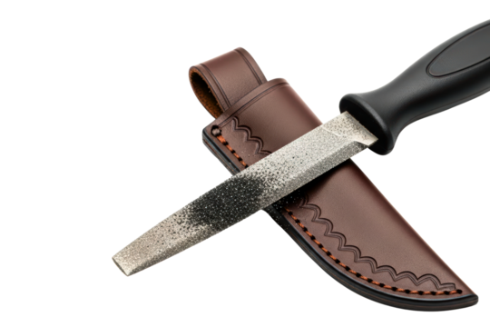Diamond-coated flat knife sharpening file with brown leather sheath on isolated background