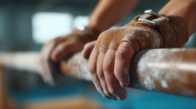 Gymnastic Hands Gripping Parallel Bars with Determination in Athletic Training
