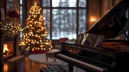 Luxury Christmas Jazz living room Interior elegant holiday perfect for relaxing music backgrounds. festive holiday scenes with piano and fireplace create warm and inviting atmosphere