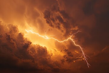 Dramatic lightning bolt strikes through dark stormy clouds during a fierce thunderstorm in the evening sky over a rural landscape