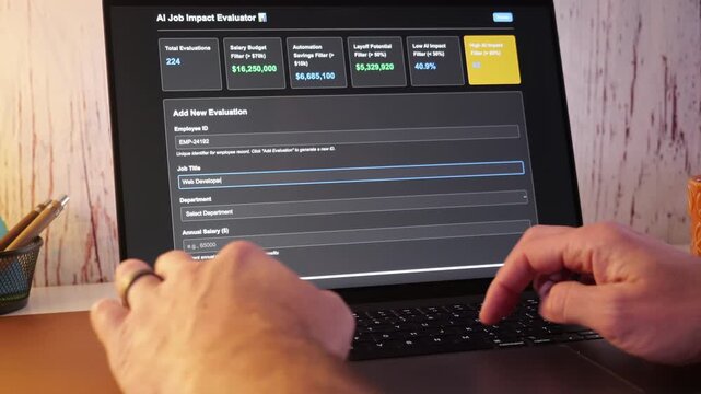 Middle Aged Human Resources Worker Runs Through AI Job Impact Analysis to Calculate Role Effectiveness for Layoffs and to Replace Positions Concept