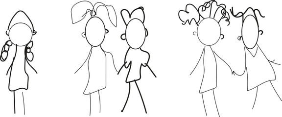 Simple black and white sketch of people standing in groups talking