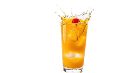 Refreshing orange cocktail with cherry splash isolated PNG, summer drink on transparent background for party and beverage concepts