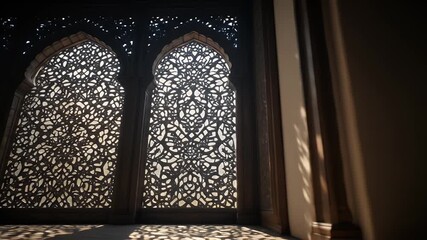 Beautiful ornate arch window in a historical setting with sunlight streaming in creating shadows - Powered by Adobe