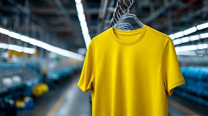 A vibrant yellow t-shirt hanging in a production facility, showcasing manufacturing processes in a textile industry environment.