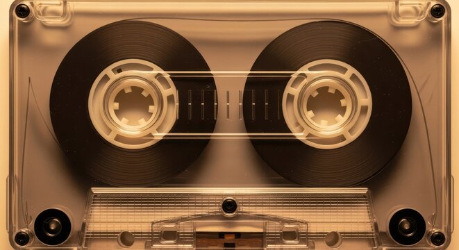 Vintage audio cassette tape with clear case and visible reels