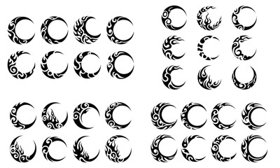 Fototapeta premium Crescent moon tribal tattoo design collection with decorative black patterns for artistic illustration 