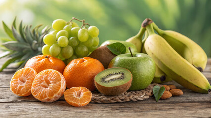 Assortment of fresh healthy fruits including citrus, grapes, and bananas