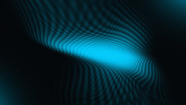 Abstract flowing luminous blue light wave pattern with dark background and digital grid texture