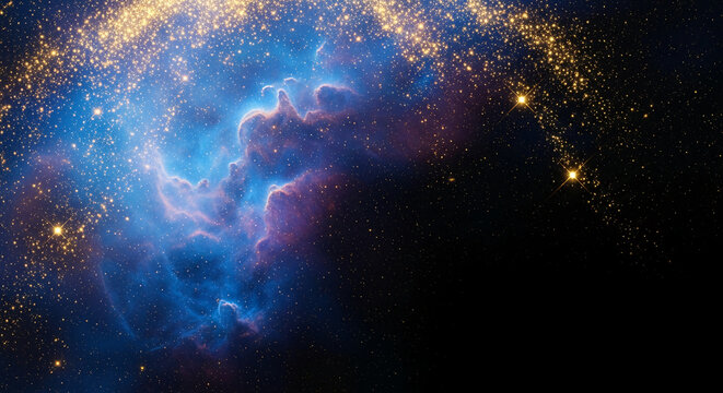 View of a blue and purple nebula with golden stellar light, creating a celestial vista, representative of expanse, dream and boundless exploration