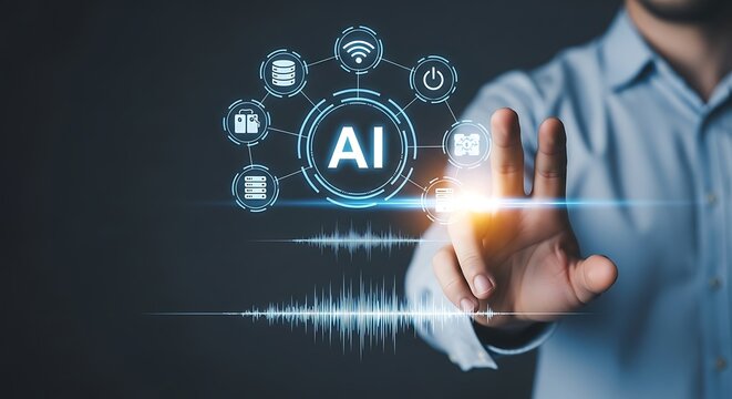 Man Interacting with A I Interface with Icons and Sound Waves