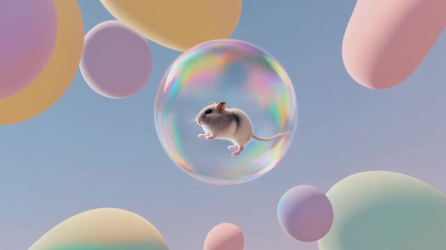 Hamster Floating Inside Iridescent Bubble Among Pastel Balloons.