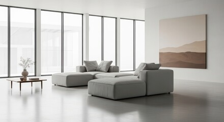 Modern minimalist living room with gray sofa and large windows