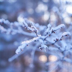 Frost covered tree branch with soft bokeh background